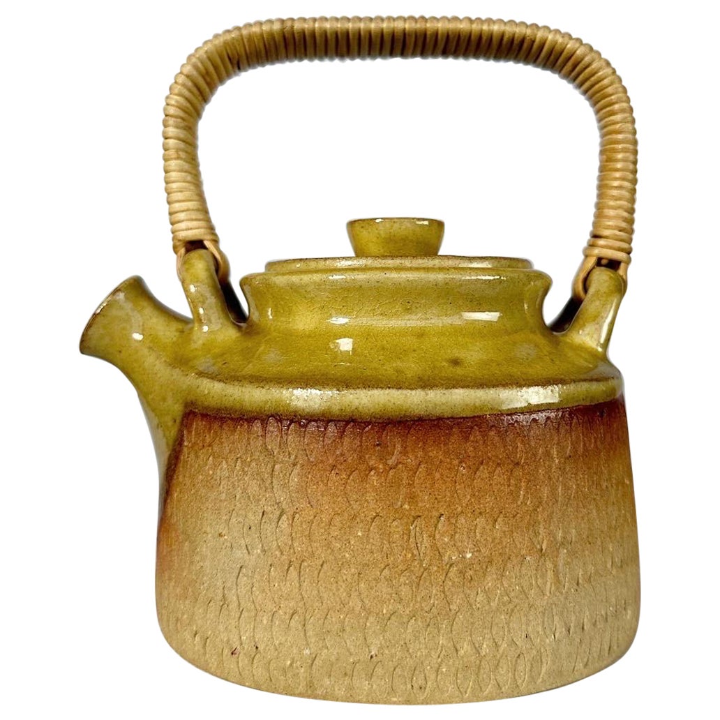 Signe Persson Melin Teapot Relief Pattern Woven Cane Handle Sweden 1950s