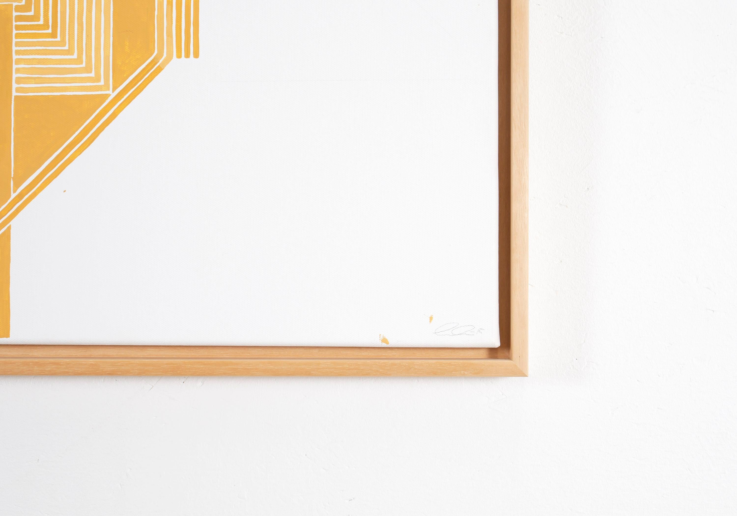«Golden» oil on canvas by Signe Solberg. 

On a square-shaped canvas, a series of golden, straight lines rush across a white canvas. Although quite simplistic, the golden lines comes to life, almost extending beyond the canvas. 