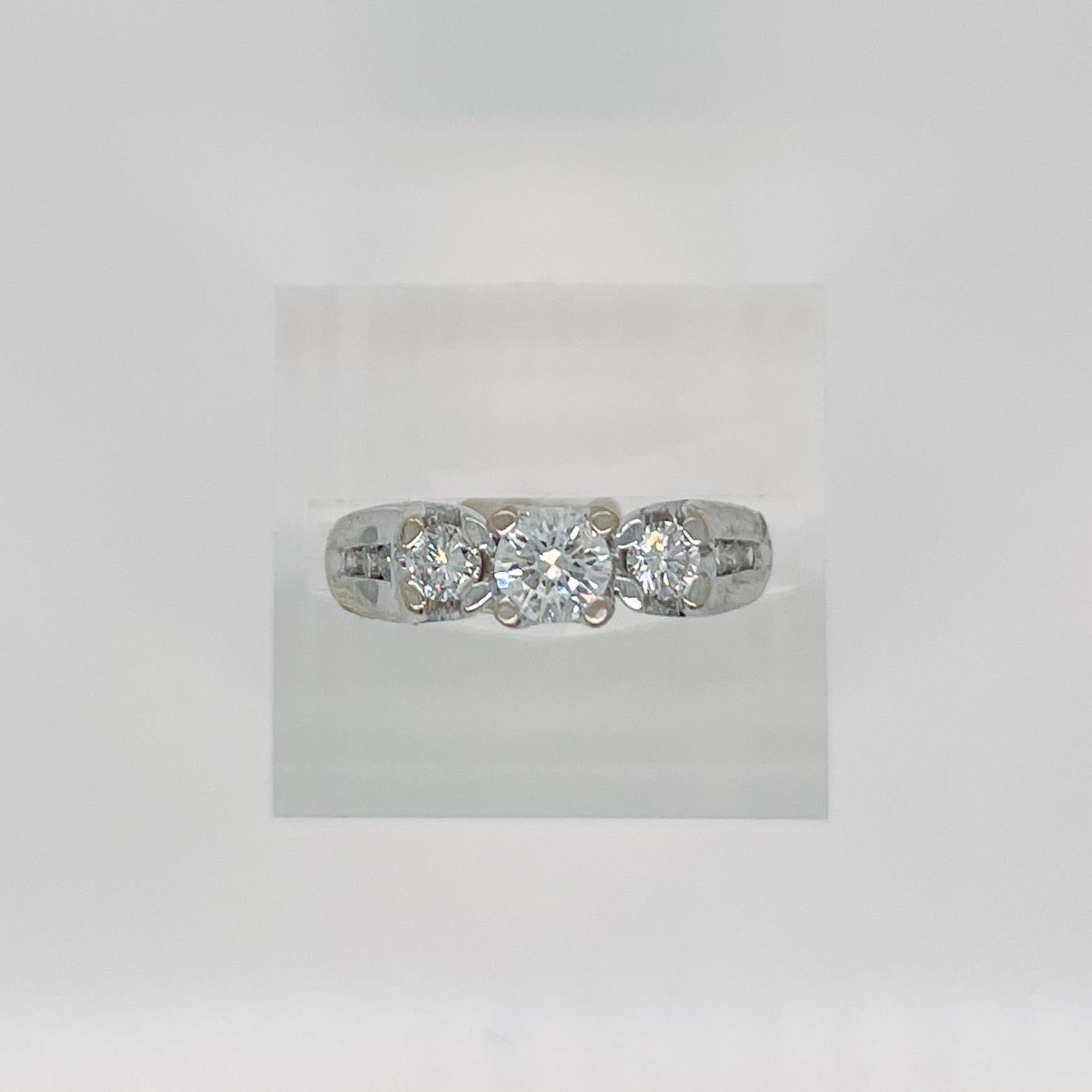 Signed 14 Karat White Gold & Diamond 3-Stone Engagement Ring For Sale 7