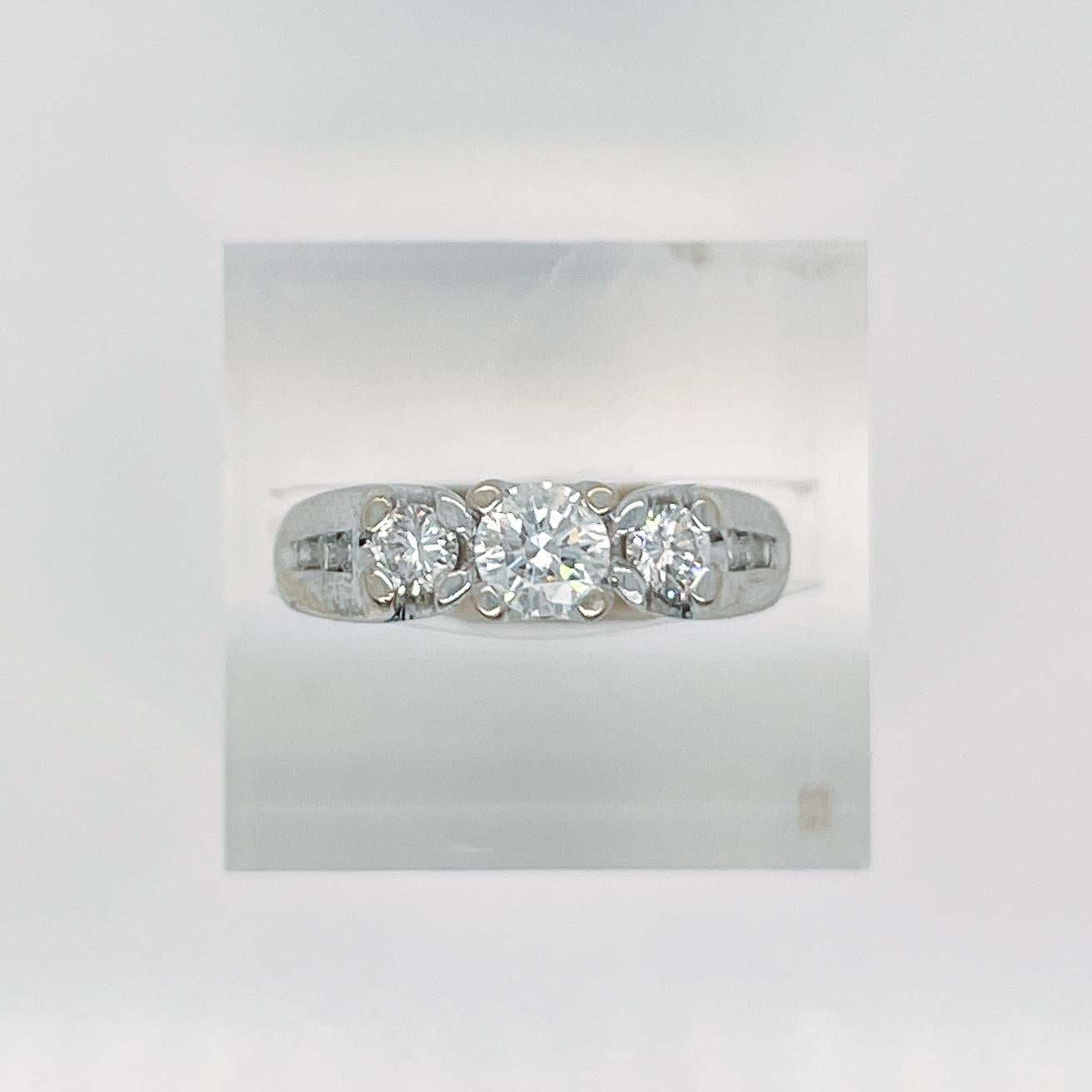 Signed 14 Karat White Gold & Diamond 3-Stone Engagement Ring For Sale 8