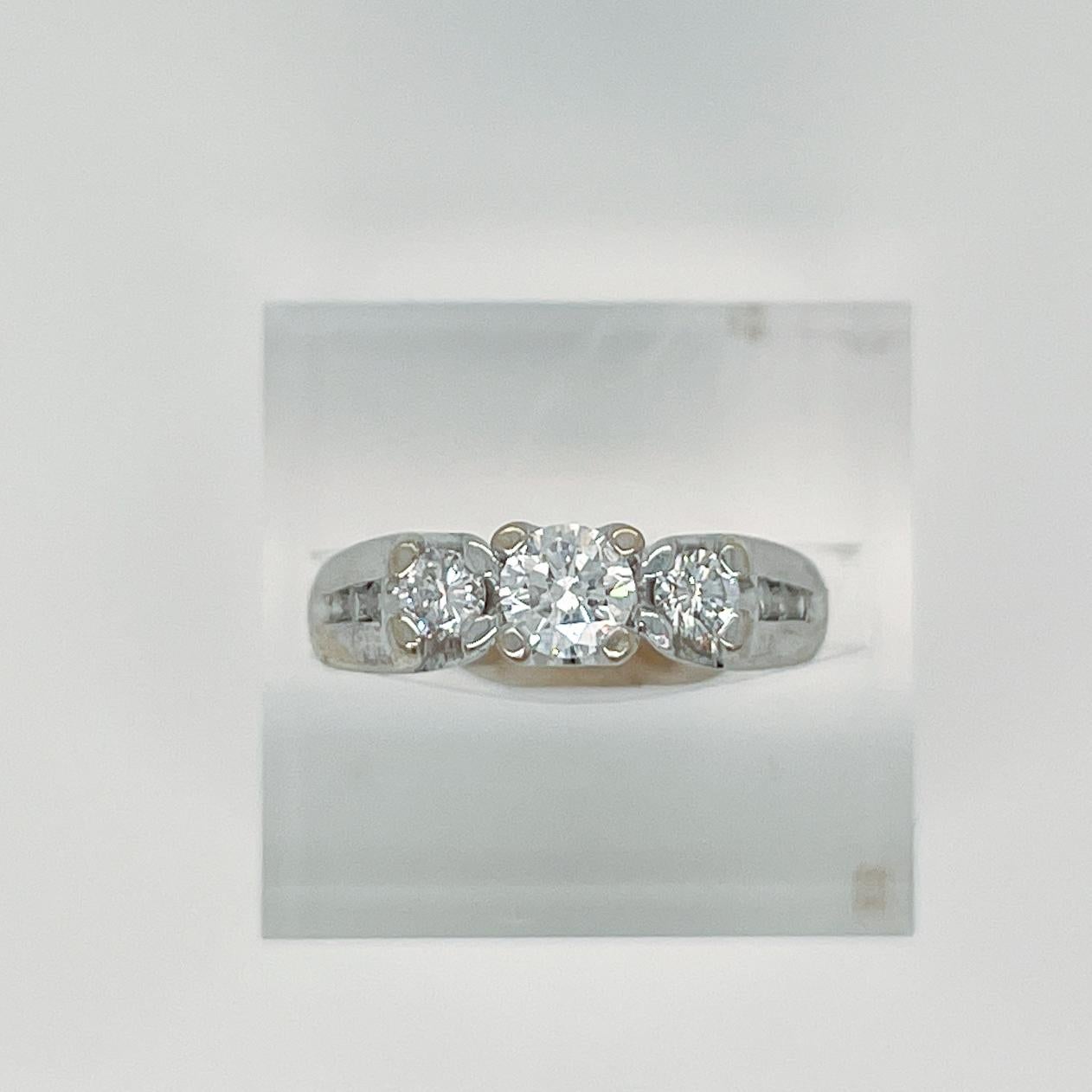 Signed 14 Karat White Gold & Diamond 3-Stone Engagement Ring For Sale 9