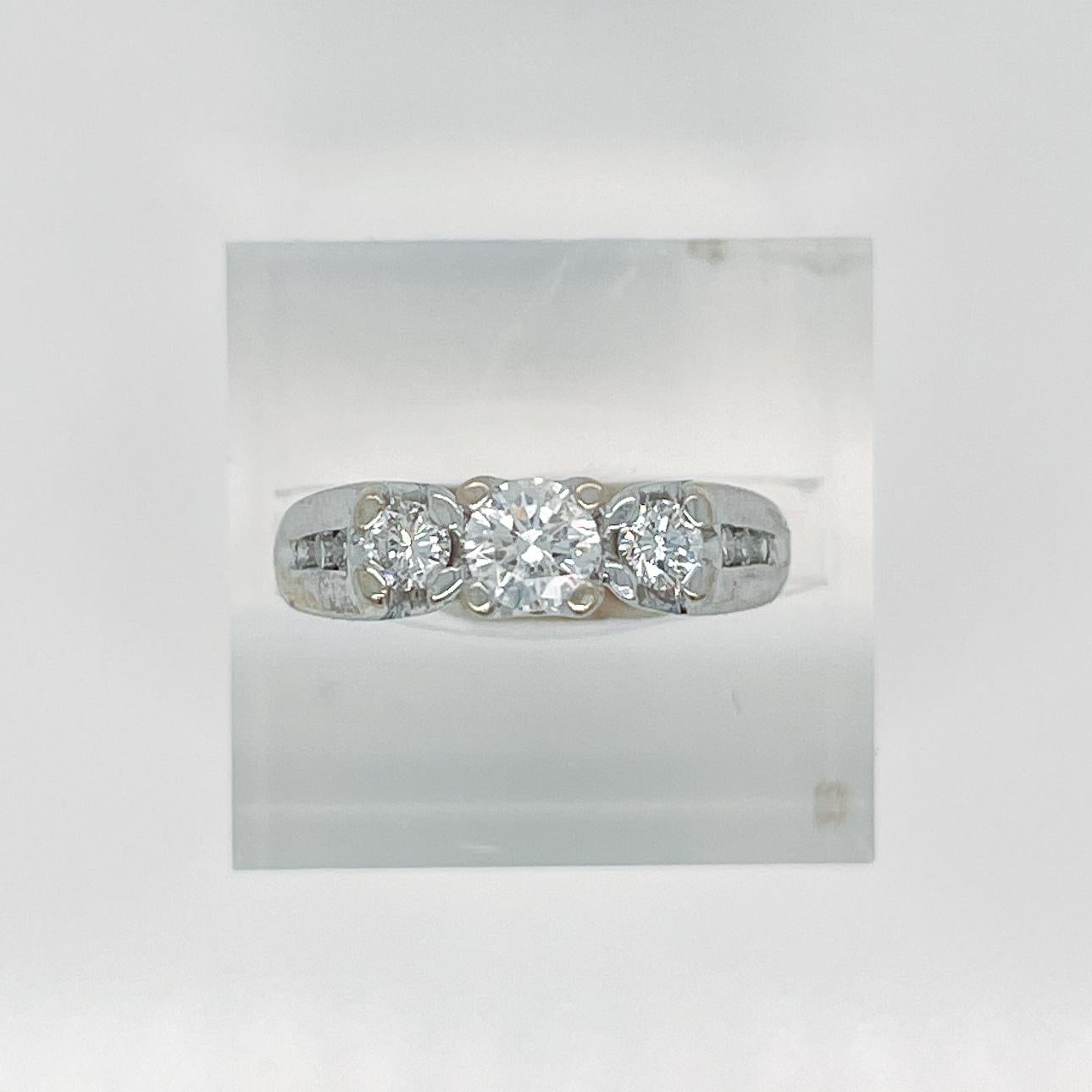 Signed 14 Karat White Gold & Diamond 3-Stone Engagement Ring For Sale 10