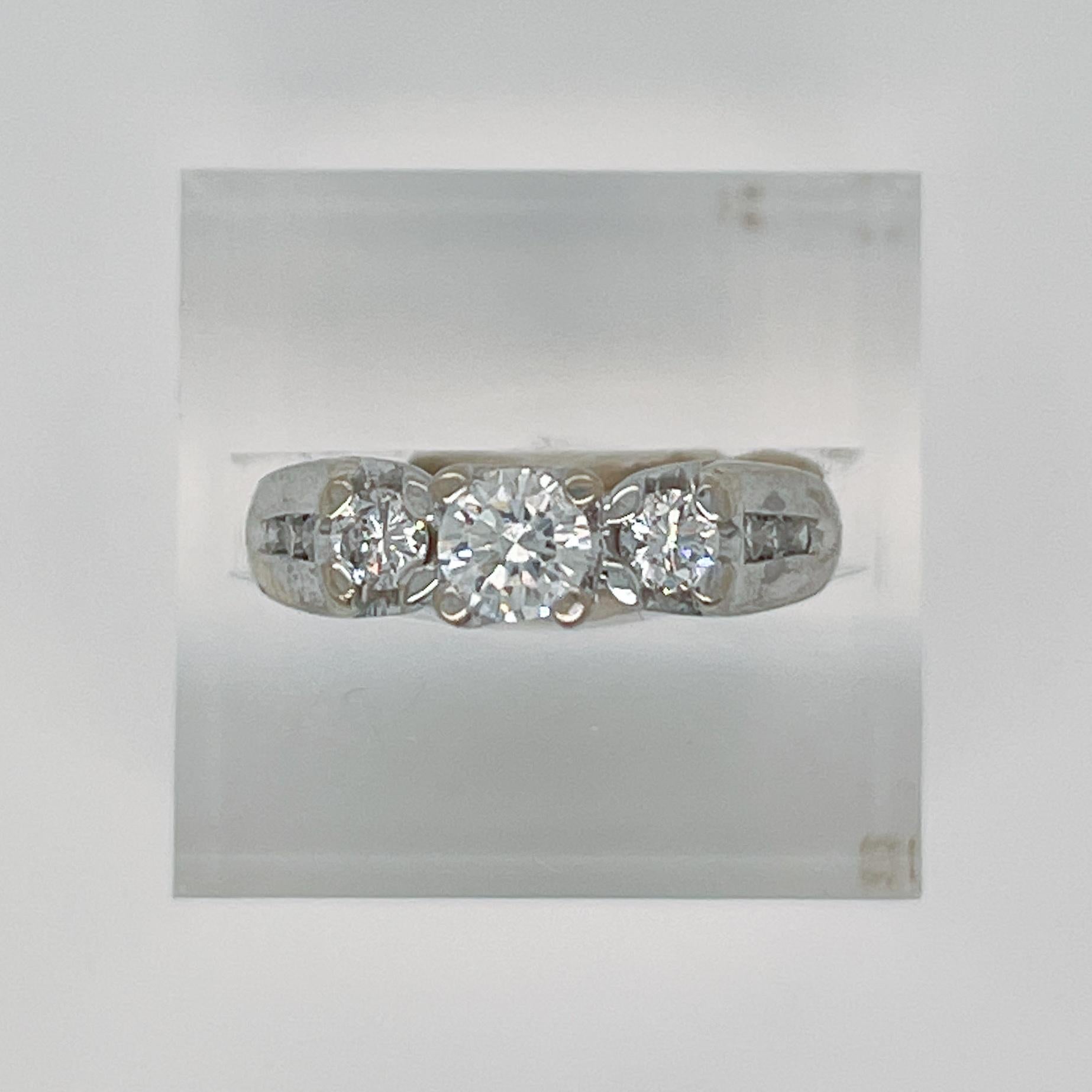 Signed 14 Karat White Gold & Diamond 3-Stone Engagement Ring For Sale 11