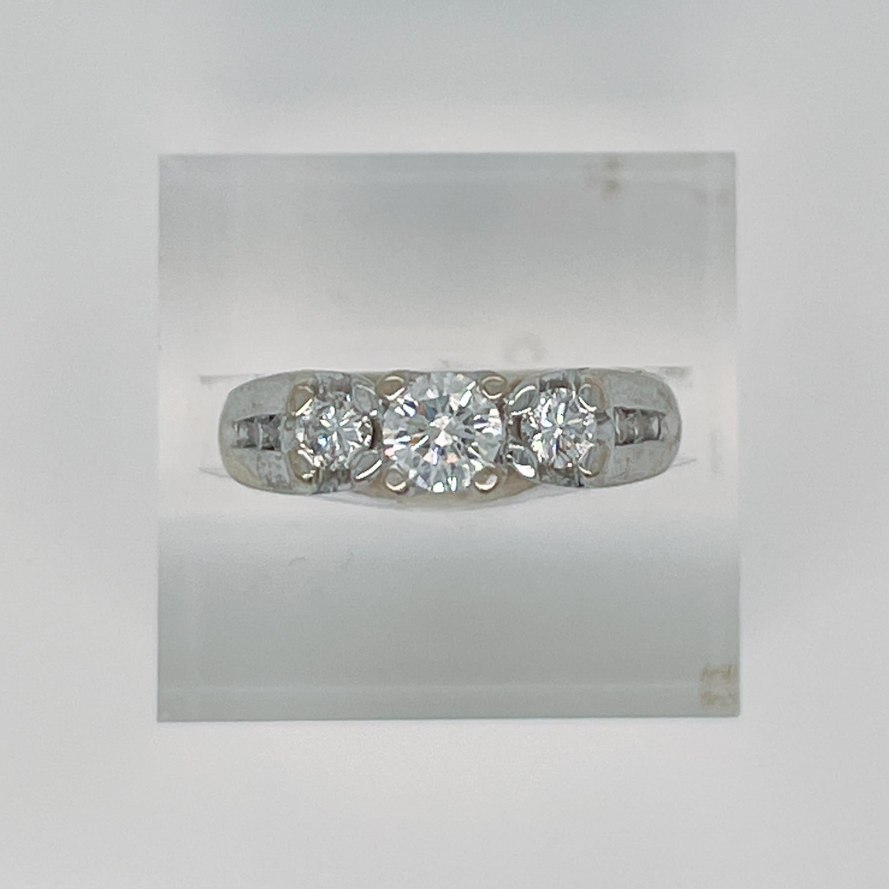 Signed 14 Karat White Gold & Diamond 3-Stone Engagement Ring For Sale 12
