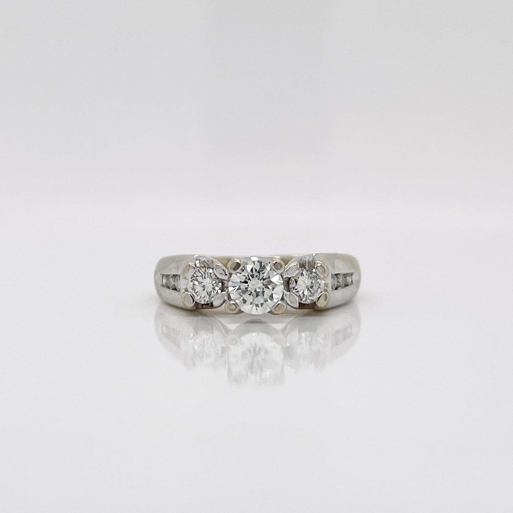 Modern Signed 14 Karat White Gold & Diamond 3-Stone Engagement Ring For Sale