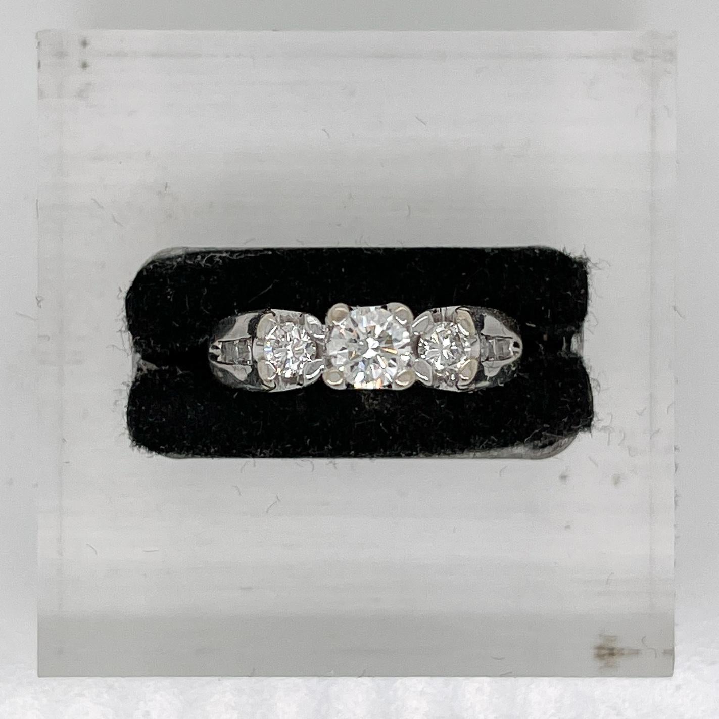 Brilliant Cut Signed 14 Karat White Gold & Diamond 3-Stone Engagement Ring For Sale