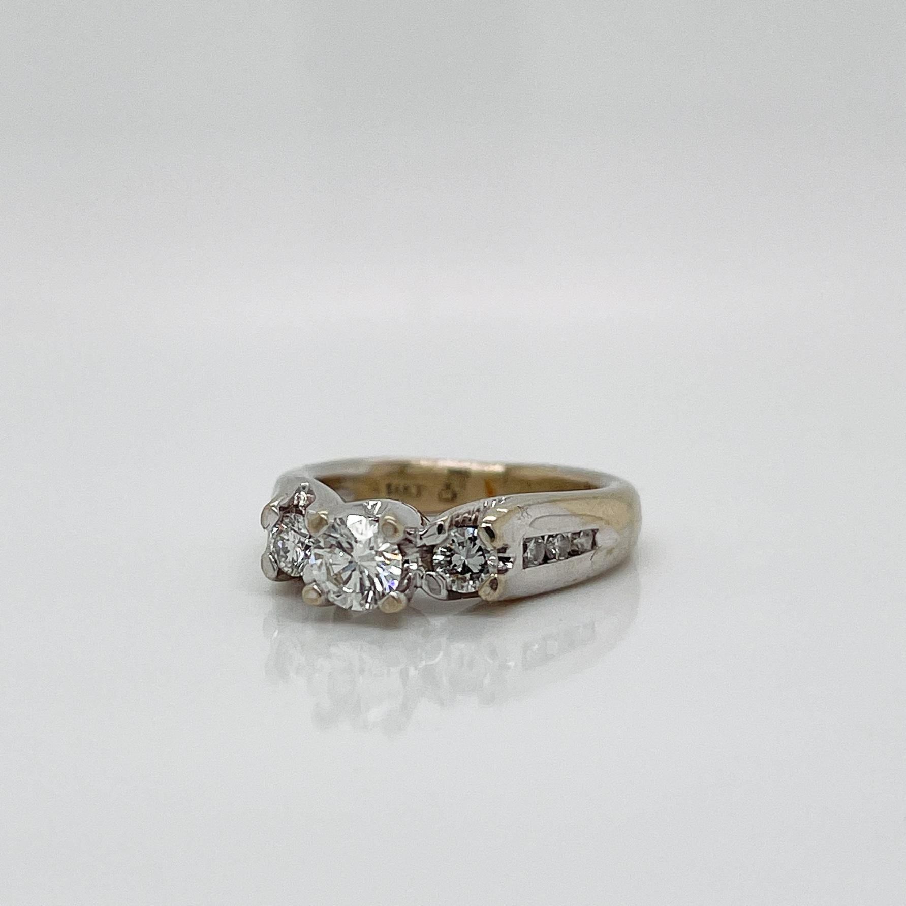 Signed 14 Karat White Gold & Diamond 3-Stone Engagement Ring In Good Condition For Sale In Philadelphia, PA
