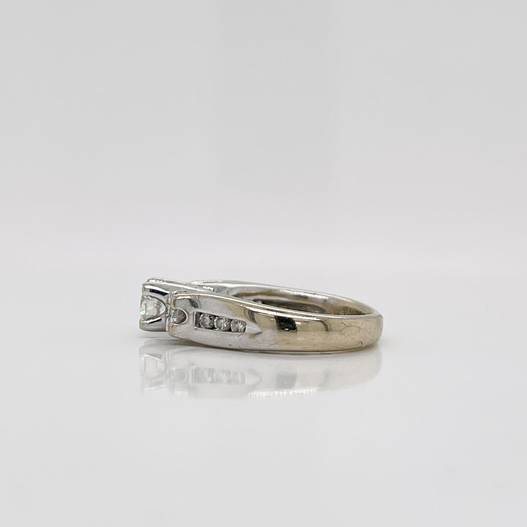 Signed 14 Karat White Gold & Diamond 3-Stone Engagement Ring For Sale 1