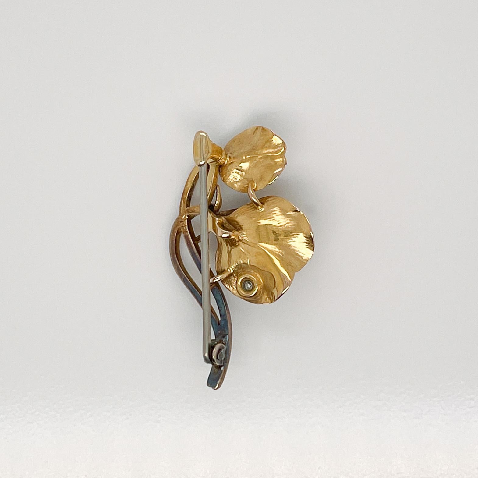 Edwardian Signed 14k Gold & Diamond Butterfly Pea Flower Pin or Brooch For Sale