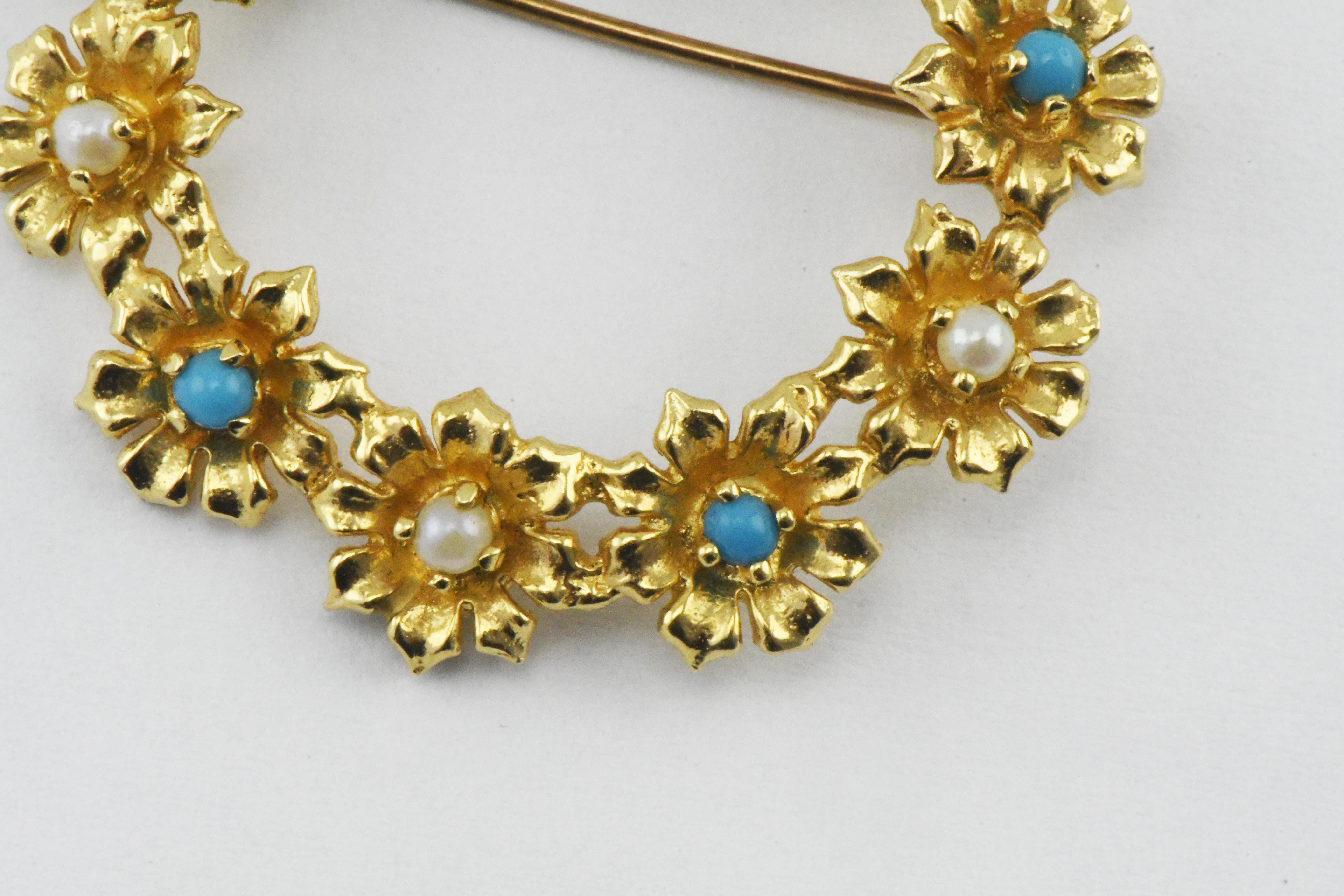 14kt Gold Flower Wreath Pin Brooch Accented with Turquoise and Pearls 7.8 grams and 1  1/2