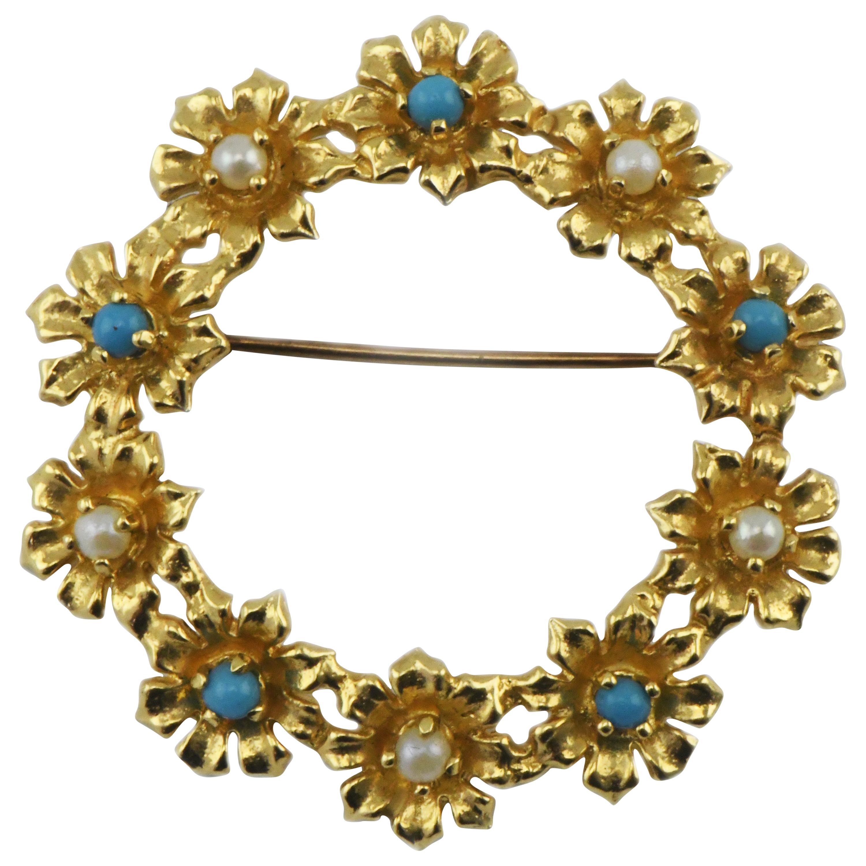 Signed 14 Karat Gold Flower Wreath Brooch Pin with Pearls and Turquoise Accents For Sale