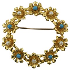 Signed 14 Karat Gold Flower Wreath Brooch Pin with Pearls and Turquoise Accents