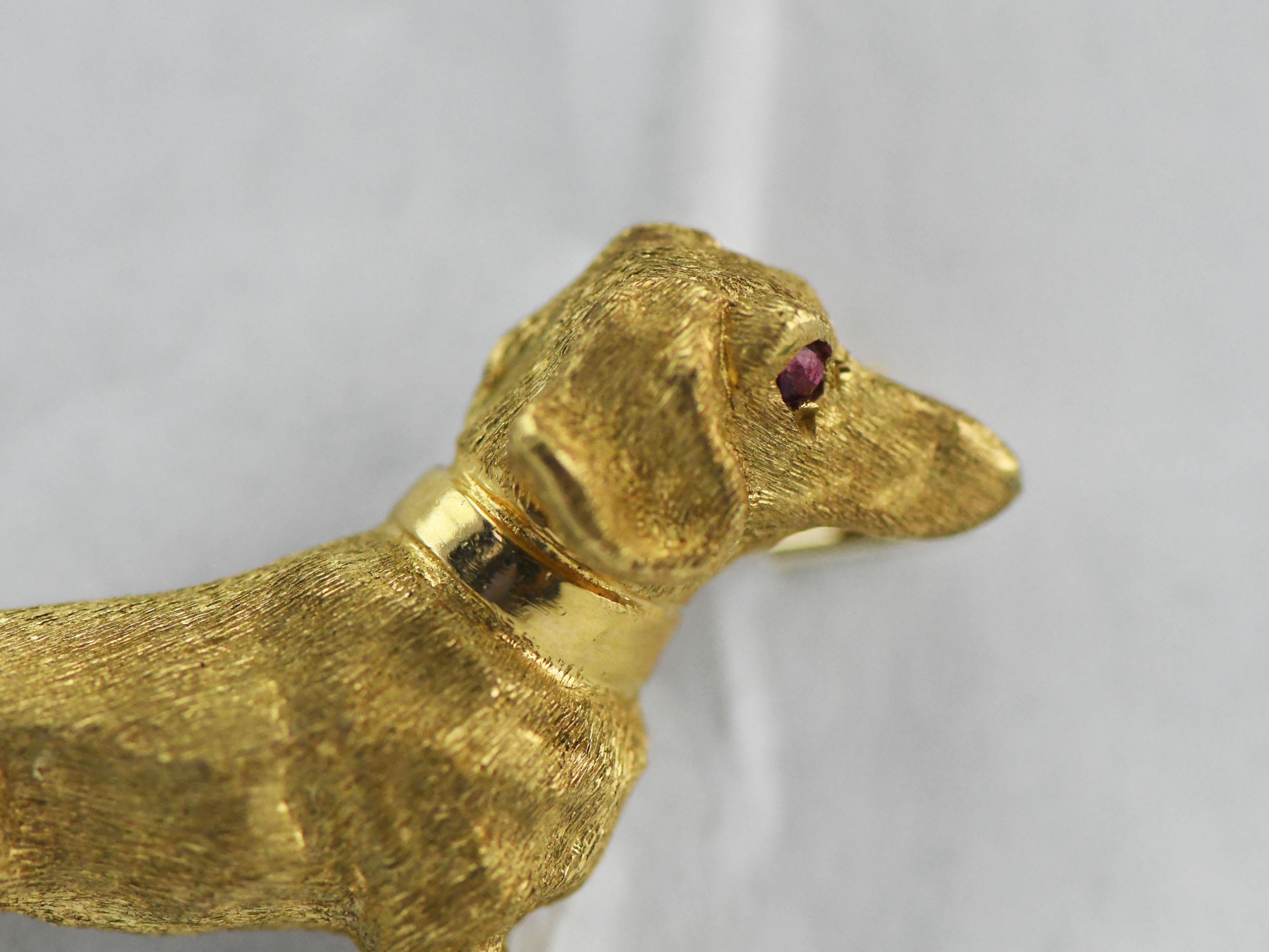 Round Cut Signed 14 Karat Yellow Gold Dachshund Weiner Ruby Eyed Dog Pin Marked 