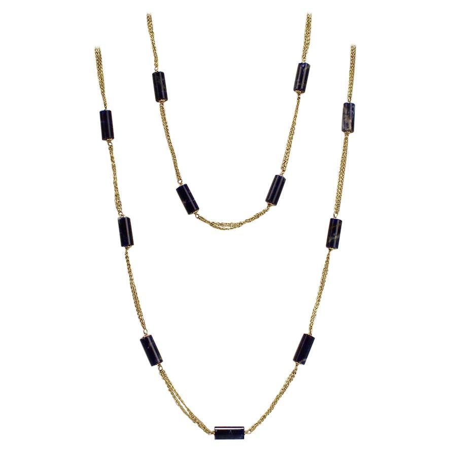 Signierte Halskette in Seillänge aus 18 Karat Gold und Lapislazuli mit Perlen von Filippini Fratteli