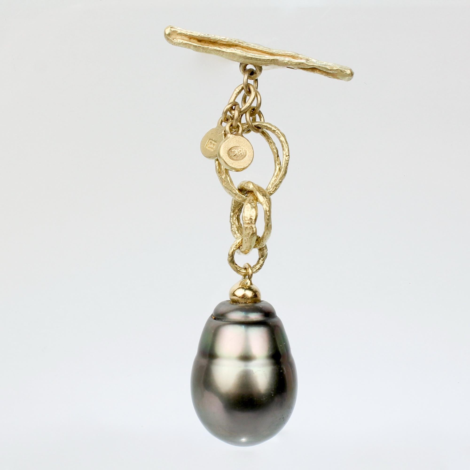 Signed 18 Karat Gold & Large Baroque Tahitian Pearl Lapel Button or Fob In Good Condition For Sale In Philadelphia, PA