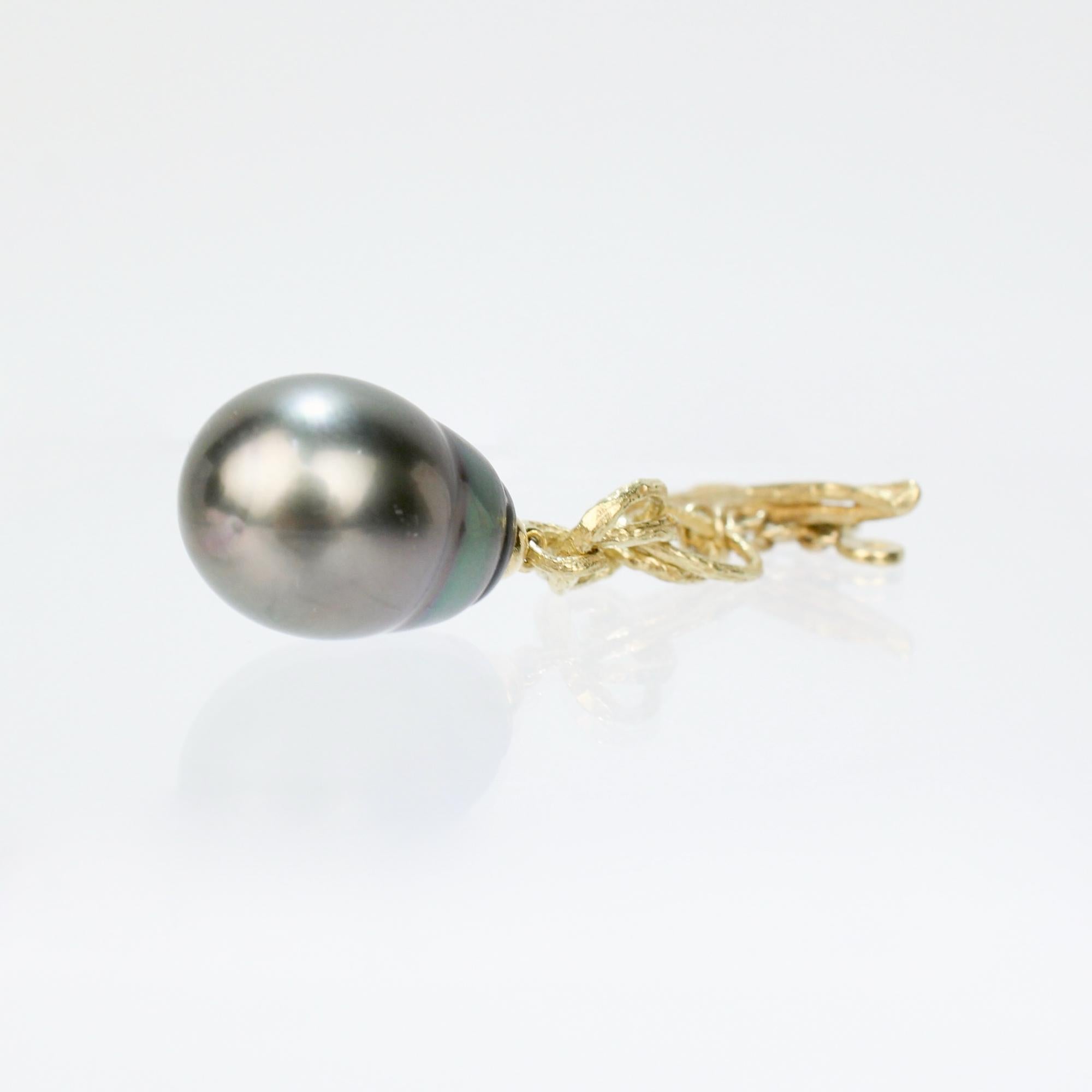 Women's or Men's Signed 18 Karat Gold & Large Baroque Tahitian Pearl Lapel Button or Fob For Sale