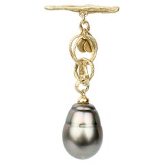 Signed 18 Karat Gold & Large Baroque Tahitian Pearl Lapel Button or Fob