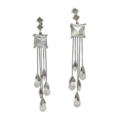 Signed 18K White Gold Diamond 
Rock Crystal Waterfall Earrings
