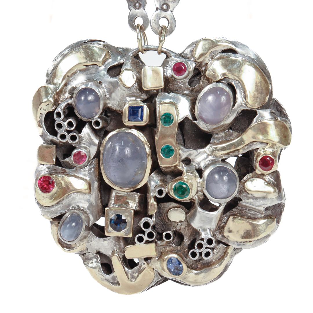 Signed 1960's Modernist Gold, Silver, & Multi-Gemstone Necklace by Resia Schor For Sale 6
