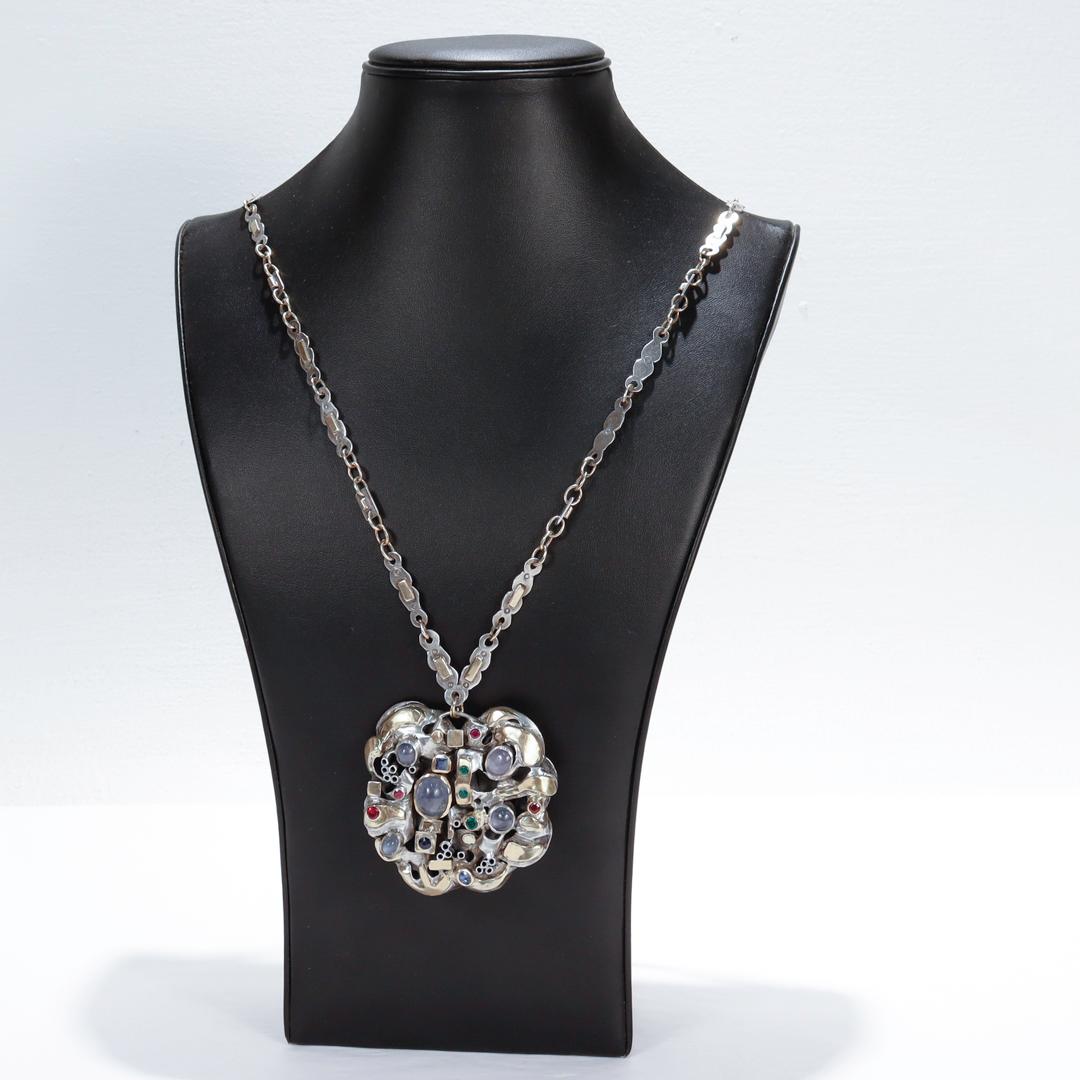 Collana modernista firmata di Resia Schor in oro, argento e pietre dure del 1960 In condizioni buone in vendita a Philadelphia, PA