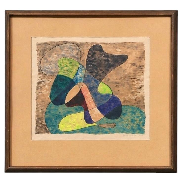 Signed 1963 Mid-Century Californian Modern Abstract Watercolor by Gene Lesser