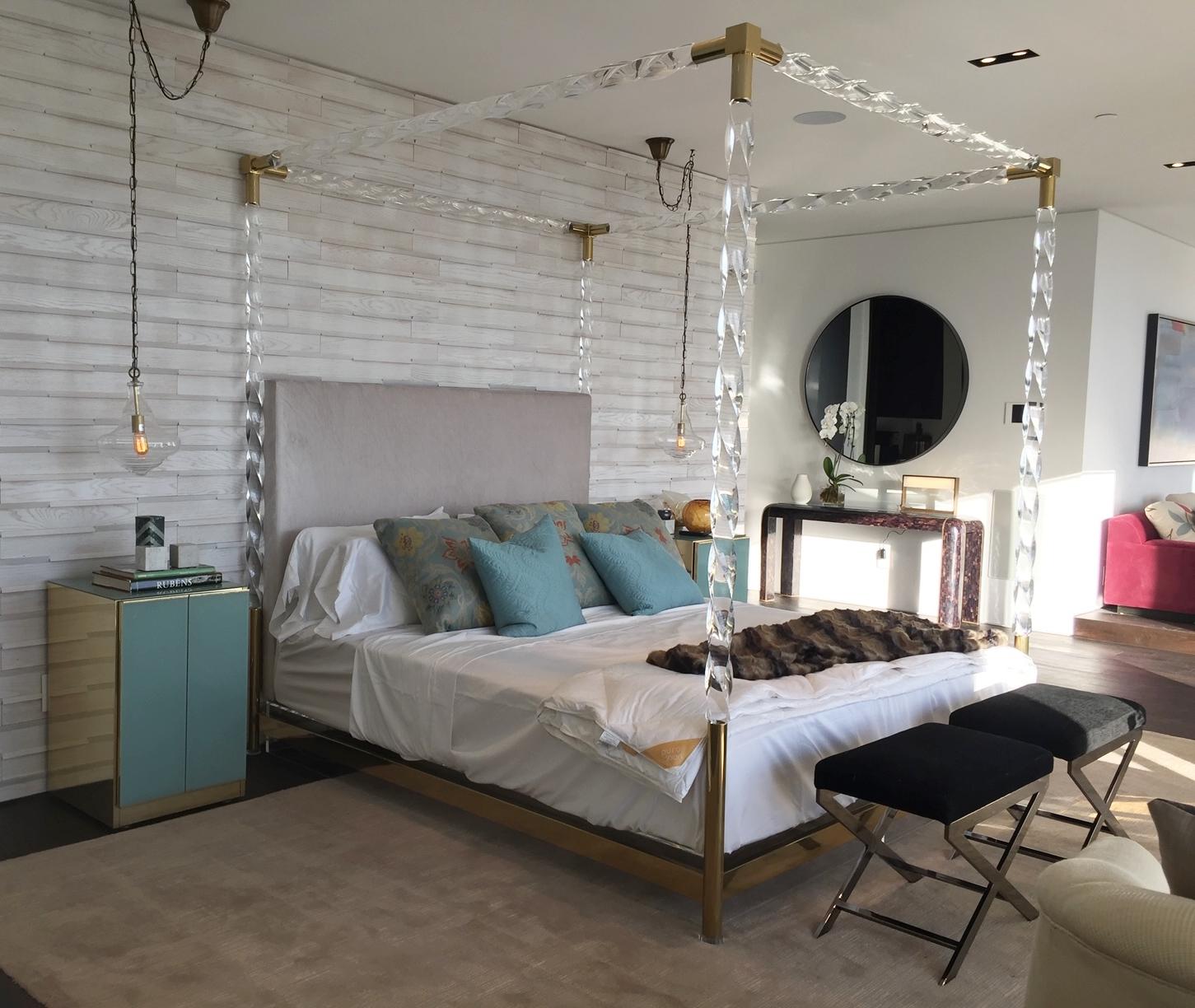 Stunning and rare king-size canopy bed designed and crafted by Charles Hollis Jones in 1968, showcasing the iconic blend of glamour and innovation that made him one of the most influential designers of the Hollywood Regency and Mid-Century Modern