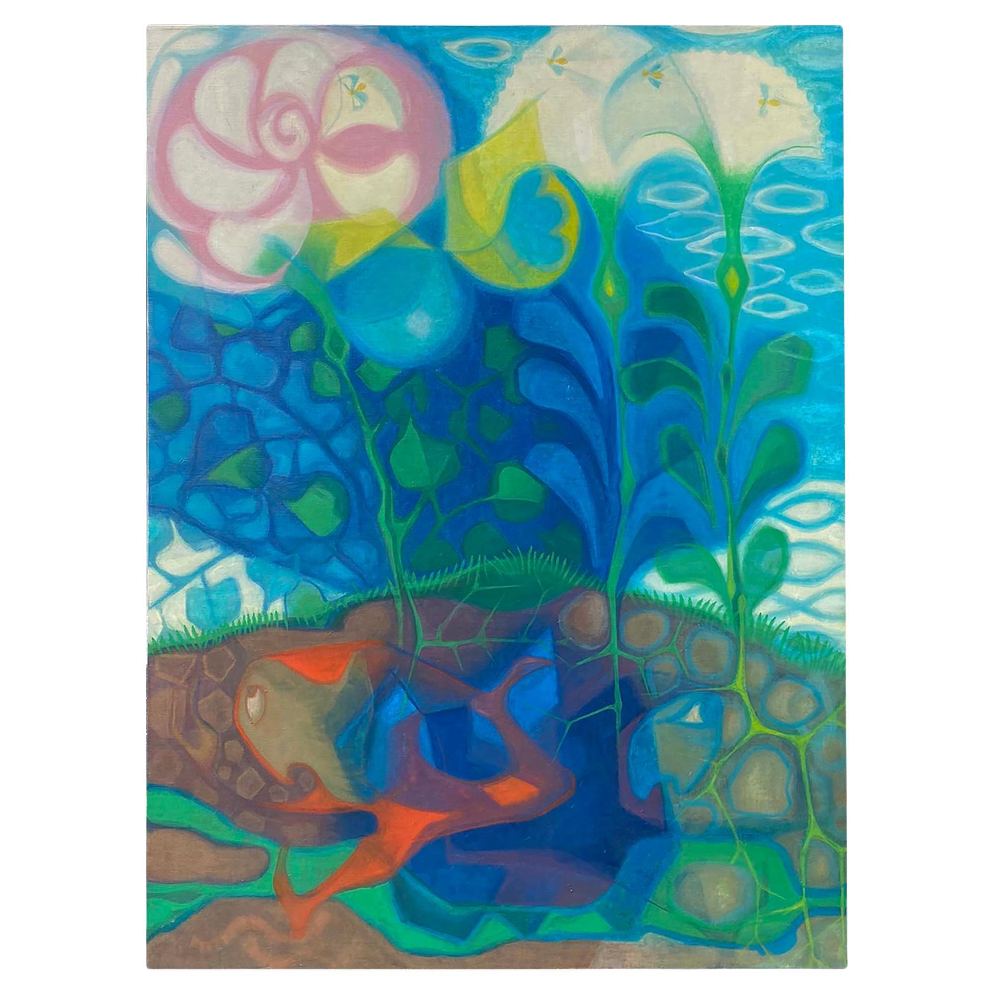 Olio su tela di grandi dimensioni firmato nel 1969 "Abov and Below with Gnoms 2" di Tommi Parzinger