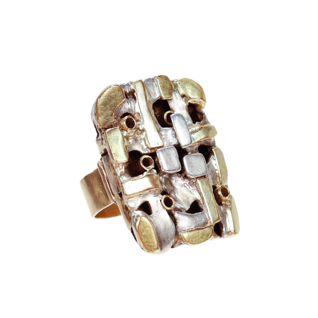 Signed 1970's Modernist 14k Gold & Sterling Silver Cocktail Ring by Resia Schor For Sale 1