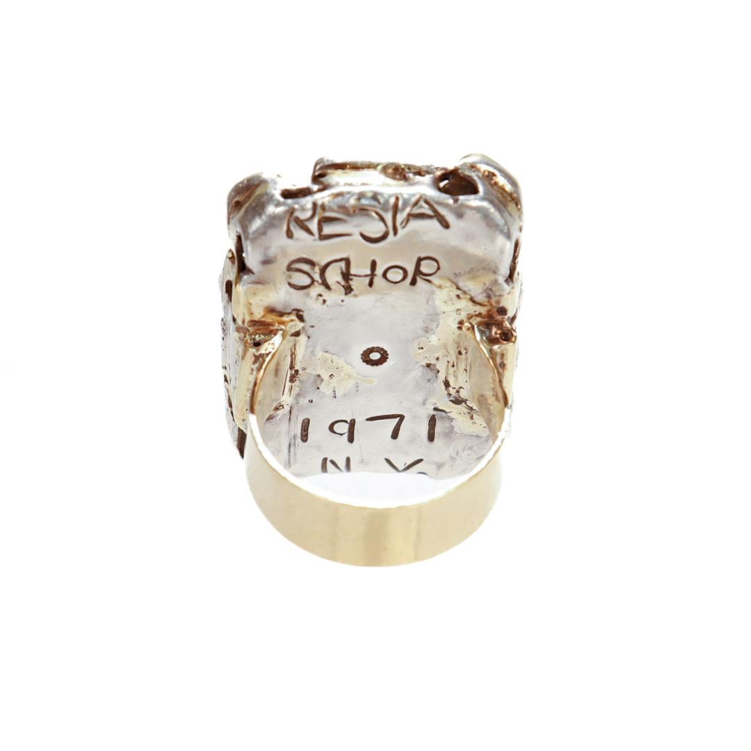 Signed 1970's Modernist 14k Gold & Sterling Silver Cocktail Ring by Resia Schor For Sale 4