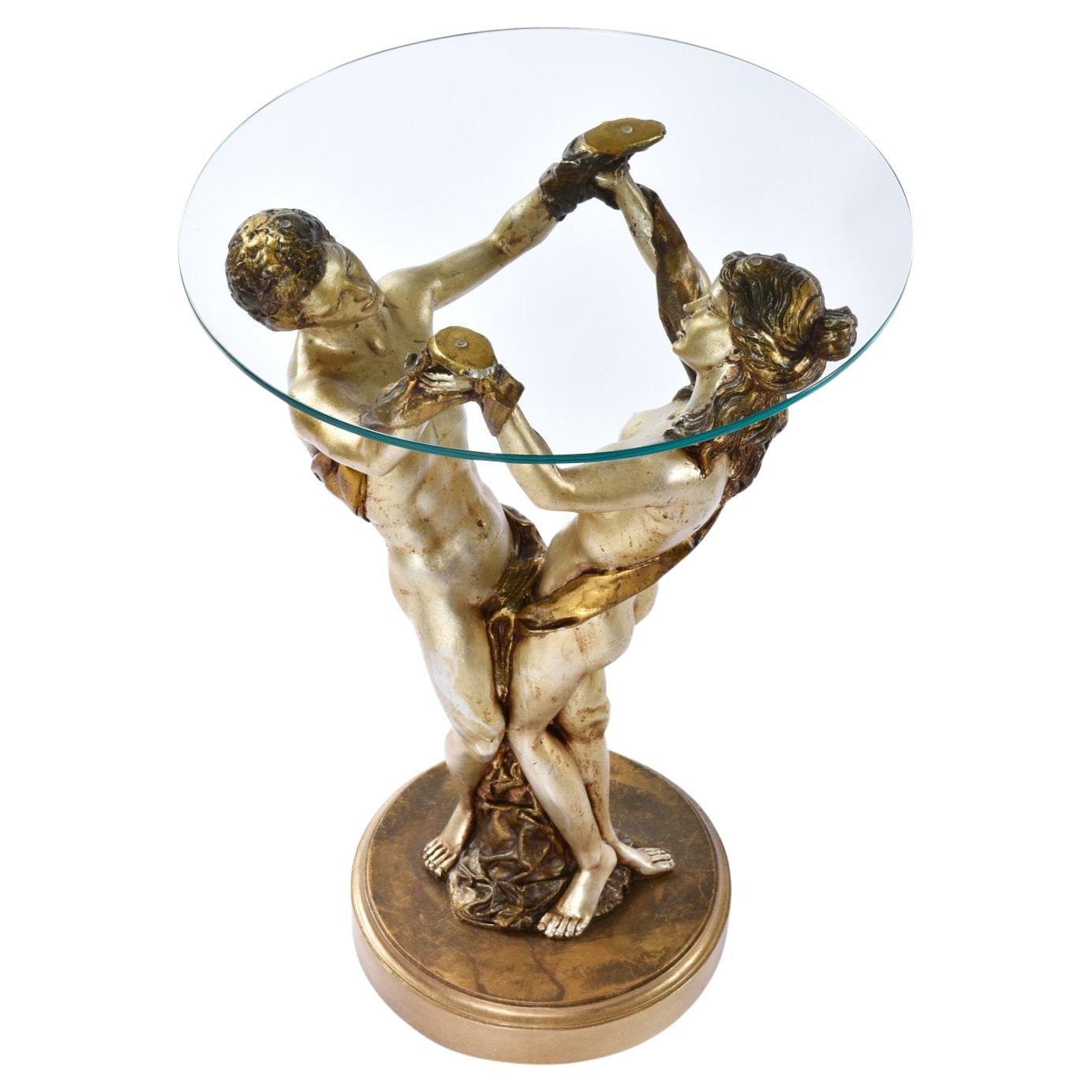 Dated 1972, this substantial 33″ tall A.R.P. Studio pedestal is unlike anything we’ve seen from this era, let alone this studio Possibly attributed to Joseph-André Motte, Michel Mortier or Pierre Guariche. The romantic, sinewy nude figures are