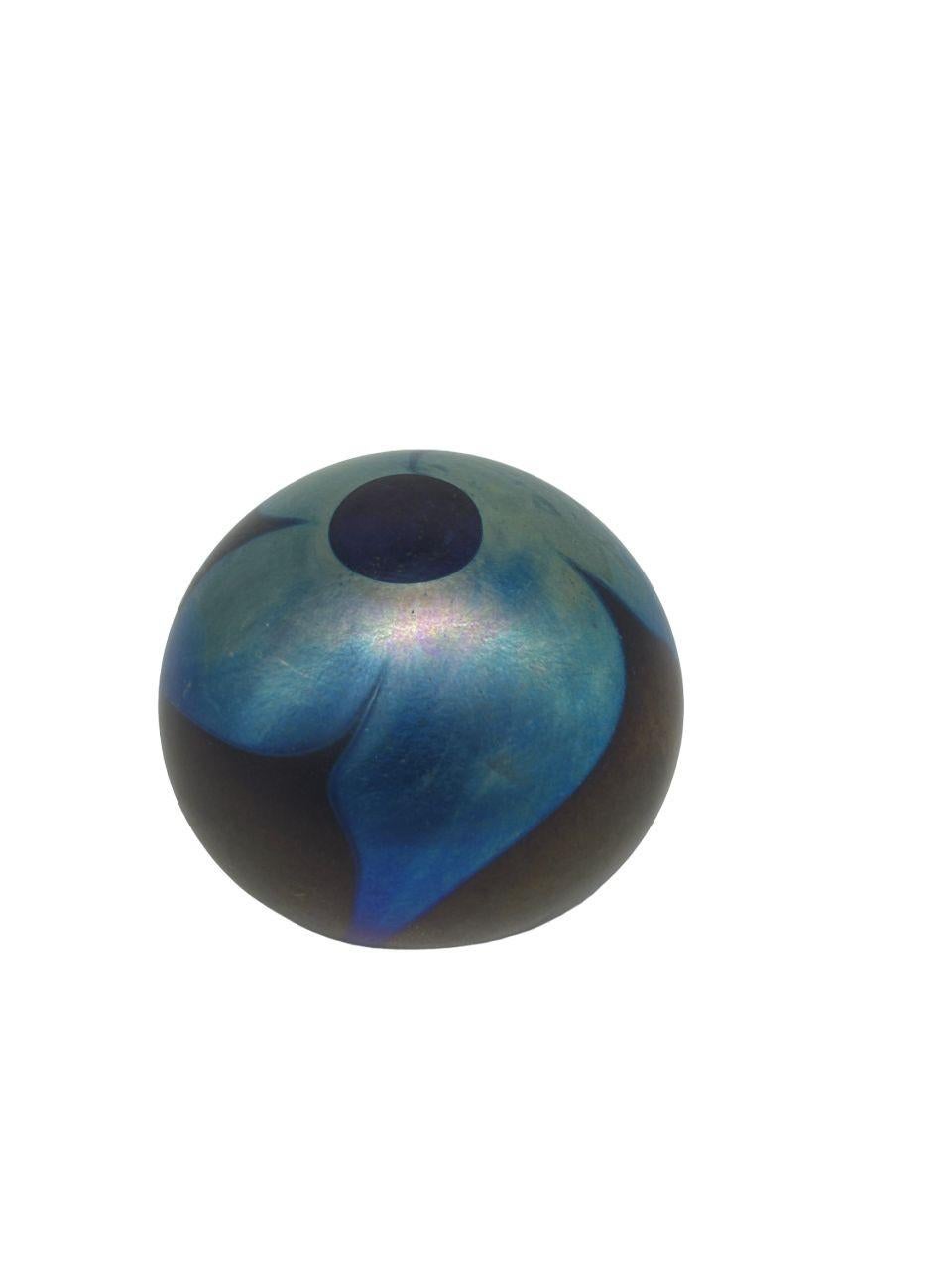 Late 20th Century Signed 1975 John Barber Studio Art Glass Swirl Paperweight Weight - Blue Chrome