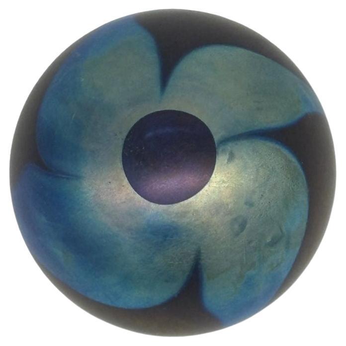 Signed 1975 John Barber Studio Art Glass Swirl Paperweight Weight - Blue Chrome