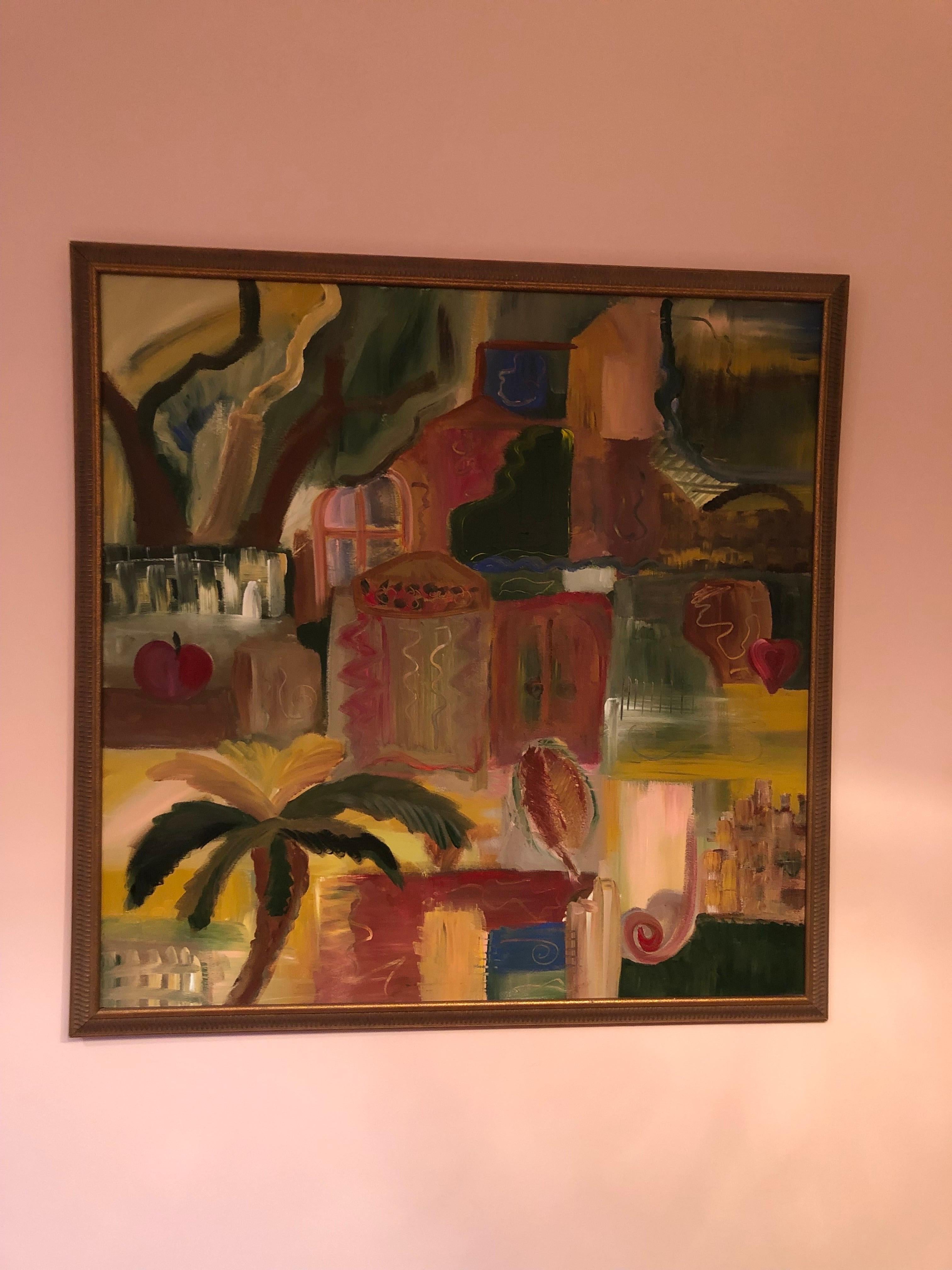 Signiertes farbenfrohes Impasto-Gemälde aus den 1980er Jahren. Klassischer quadratischer Rahmen aus den 80er Jahren. Erdtonfarben mit Palmen und abstrakten Bildern. Perfekt für dieses Palm Beach Home. Dieser Artikel kann als Paket in den