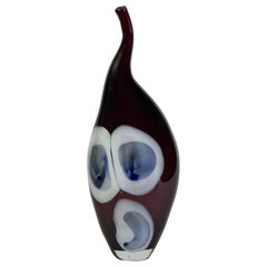 Signed 1990s D’Este & Zane Art Glass Vase in Dark Aubergine with Blue + White Sp