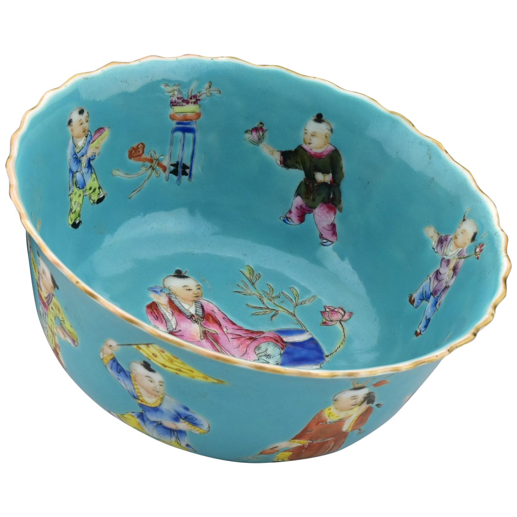 Signed 19th Century Chinese Famille Rose Porcelain Bowl with Characters