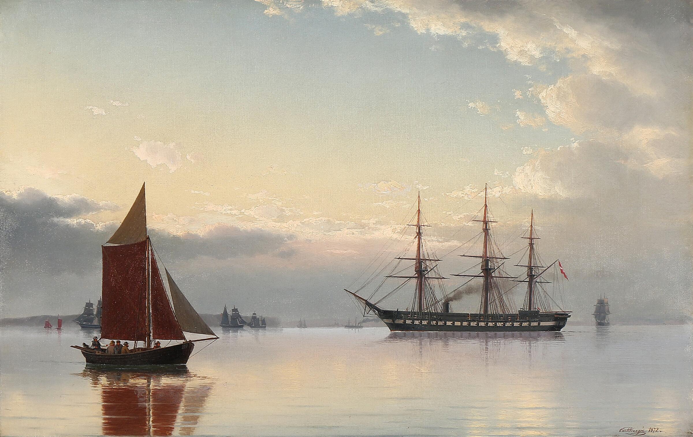 19th century evening seascape with the Danish steam frigate 