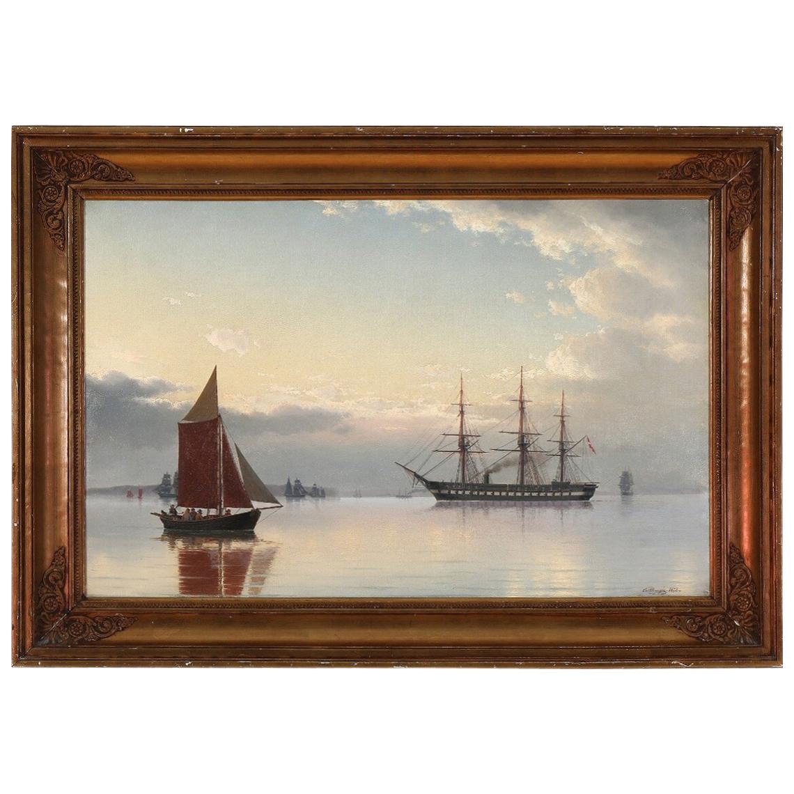Signed 19th Century Danish Evening Seascape of the Frigate "Jylland"