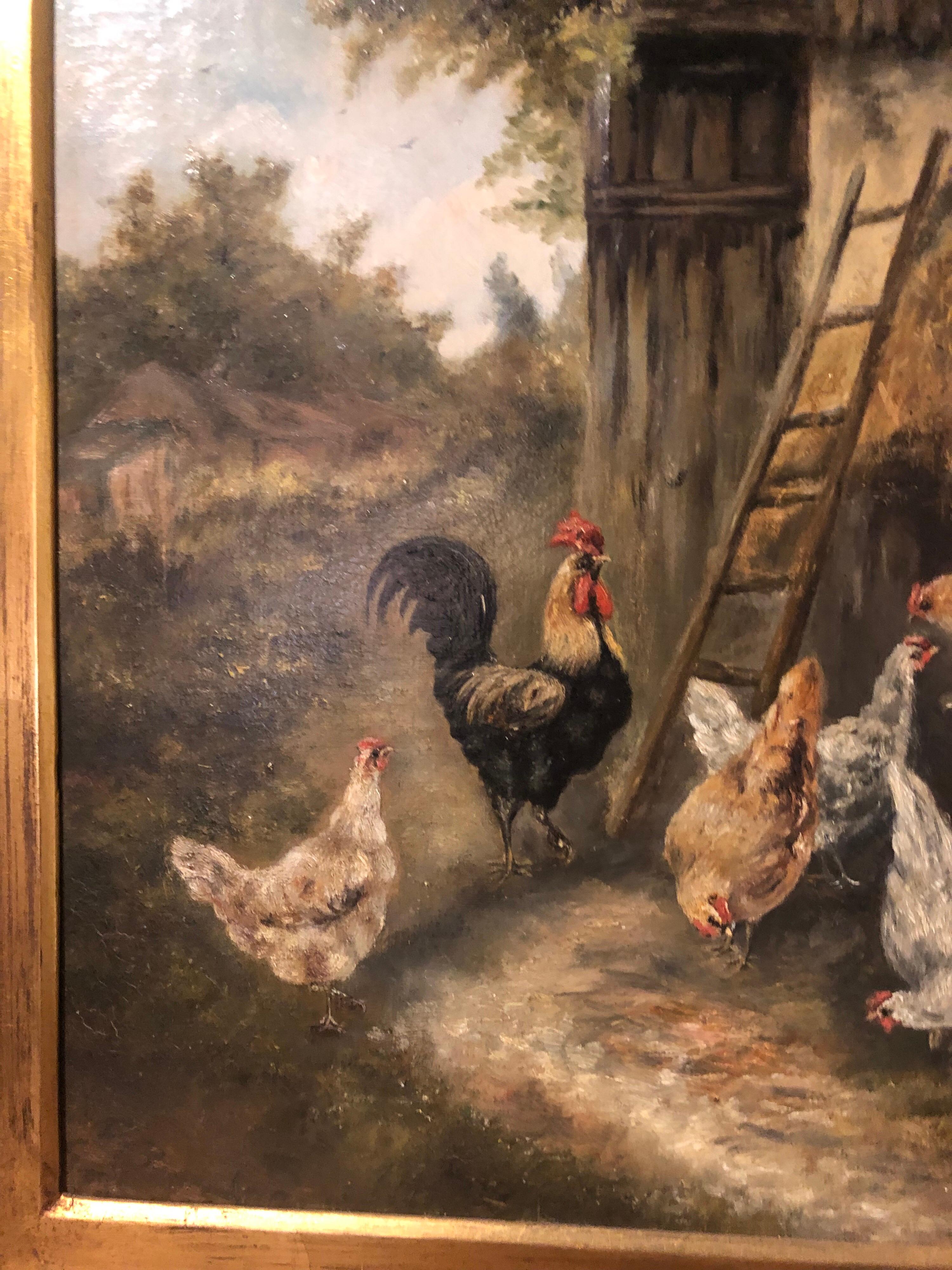 Beautiful 19th century French oil painting on canvas. Depicts a rural scene with chickens. Frame is lovely as well.