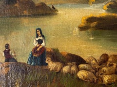 Dipinto a olio del XIX secolo, firmato, raffigurante un paesaggio romantico francese sul lago con pastori