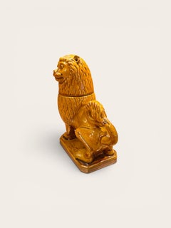 Signed 19th Century Glazed Terracotta Lion Covered Vessel
