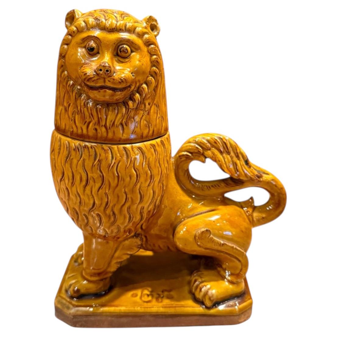 Signed 19th Century Glazed Terracotta Lion Covered Vessel