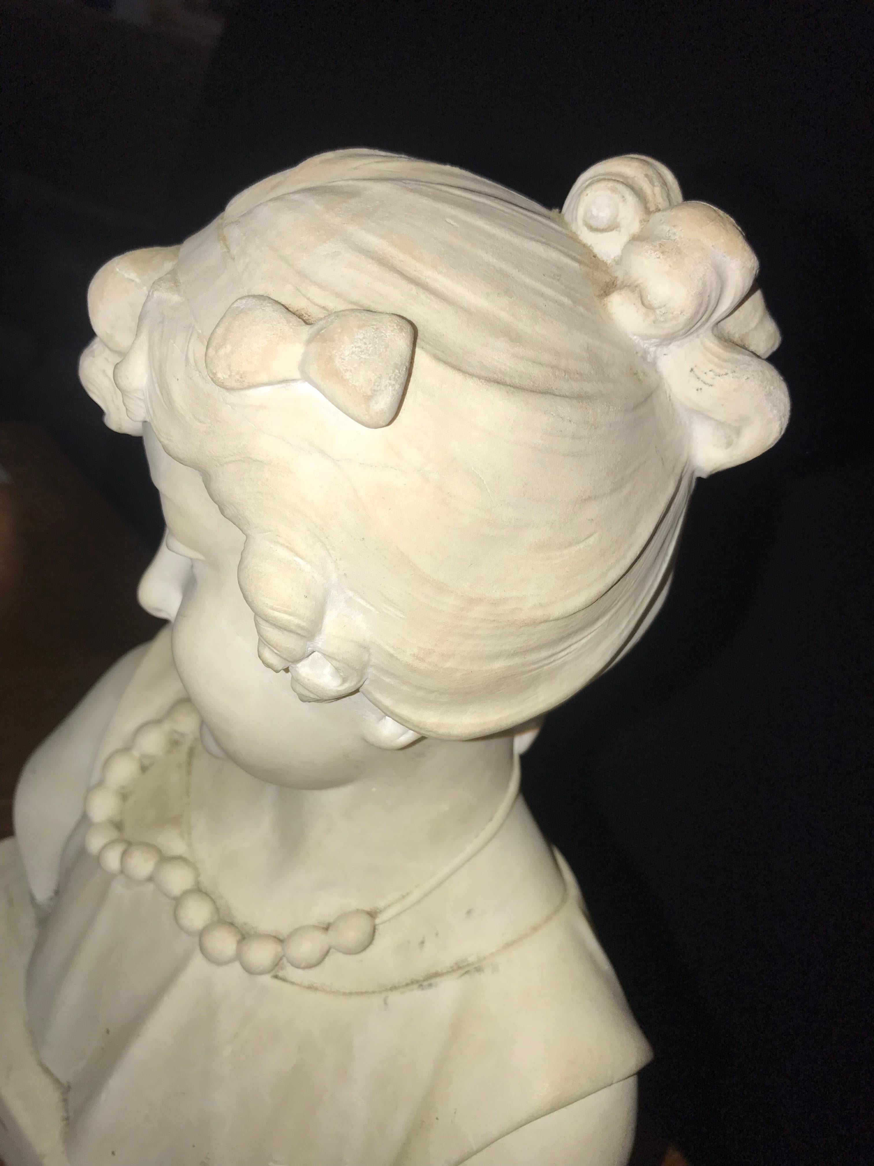 French Design, Belle Epoque, Bust of Girl, White Marble, France, 19th C. For Sale 6