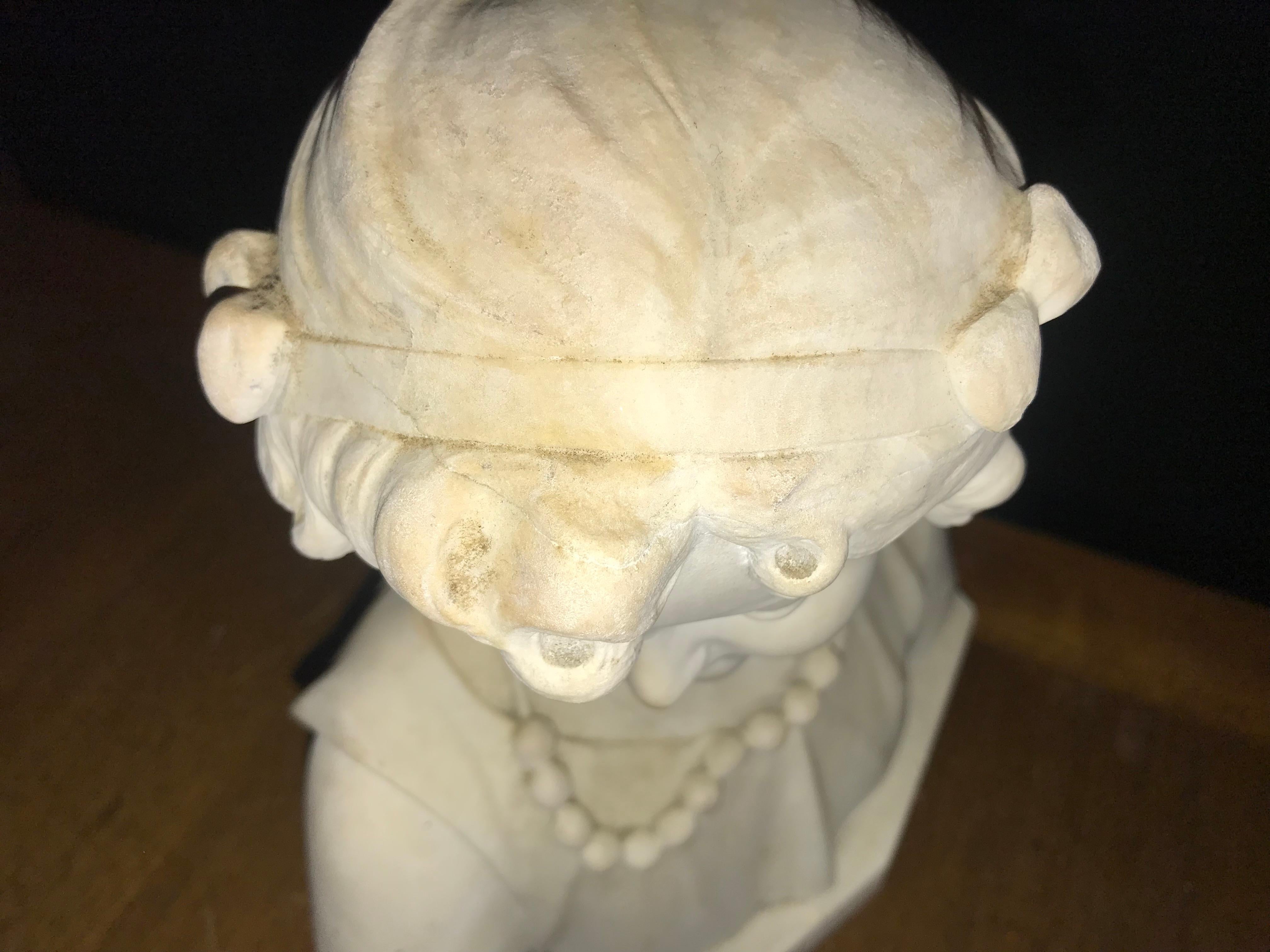 French Design, Belle Epoque, Bust of Girl, White Marble, France, 19th C. For Sale 7