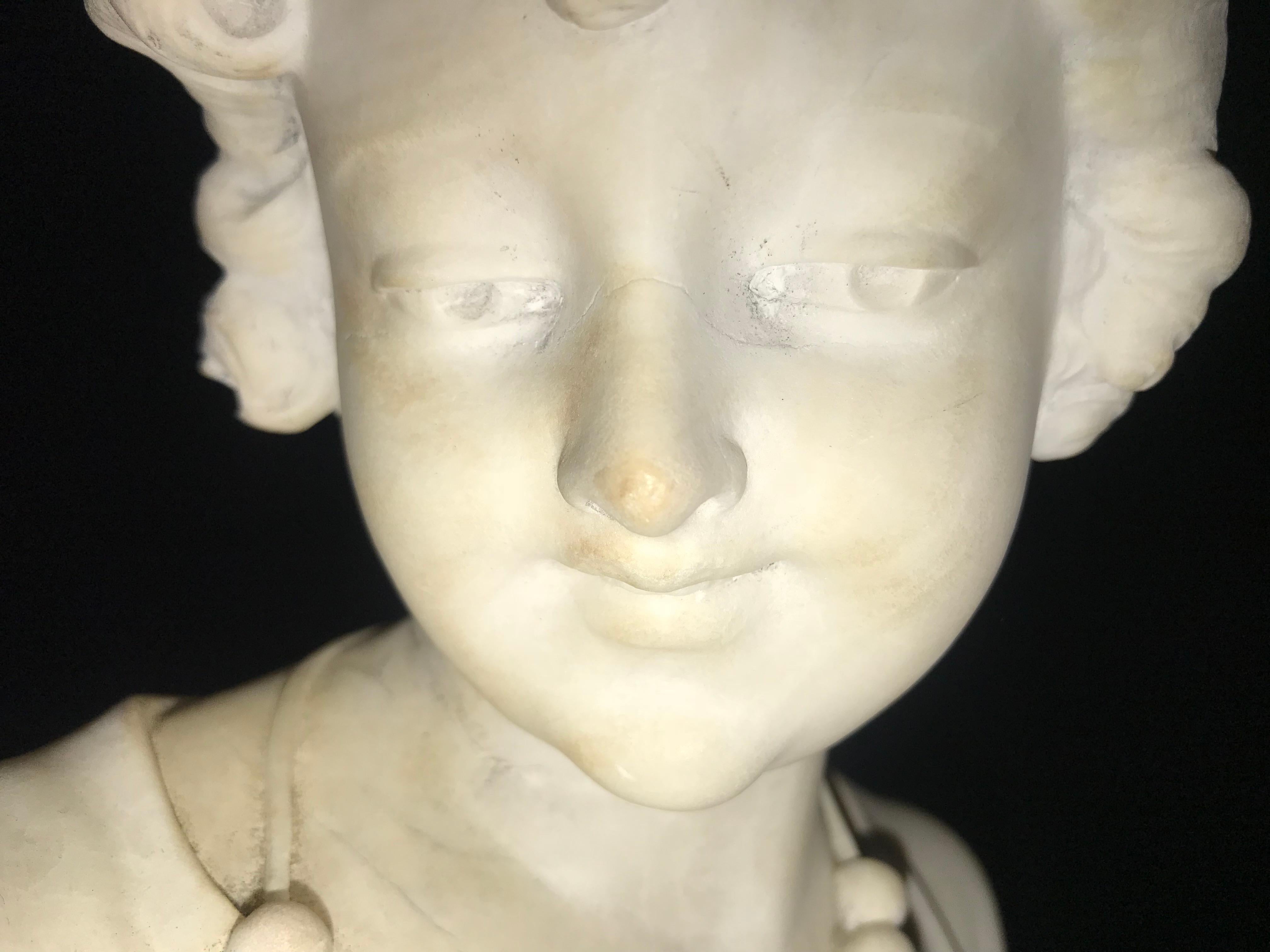 French Design, Belle Epoque, Bust of Girl, White Marble, France, 19th C. For Sale 8