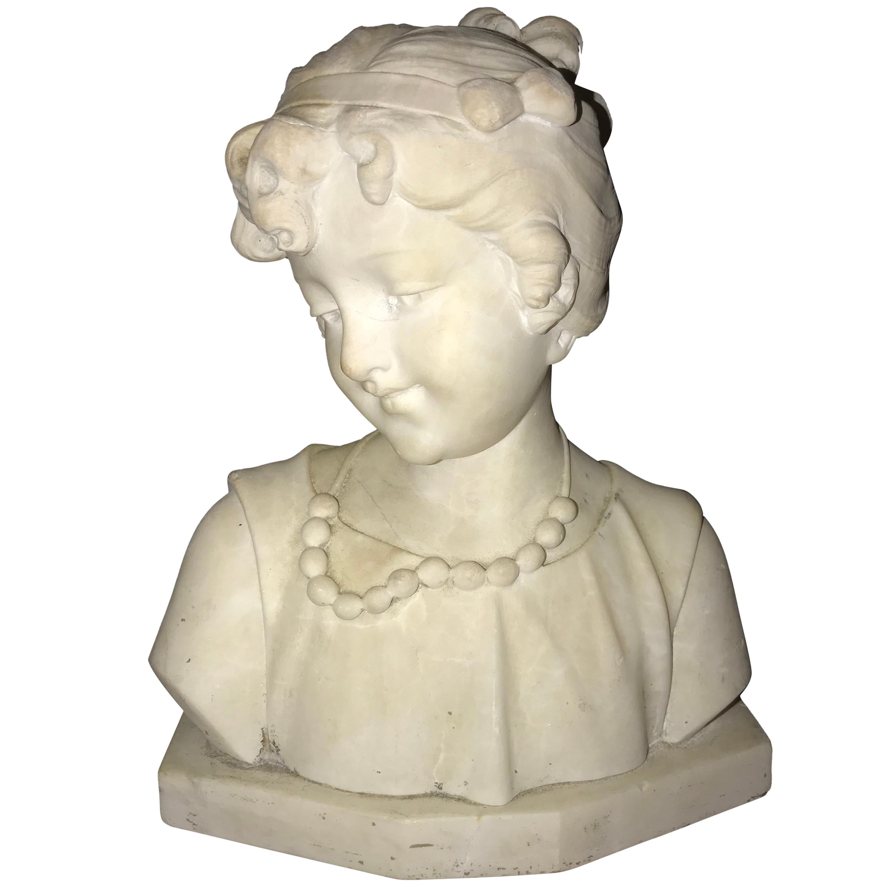 French Design, Belle Epoque, Bust of Girl, White Marble, France, 19th C.