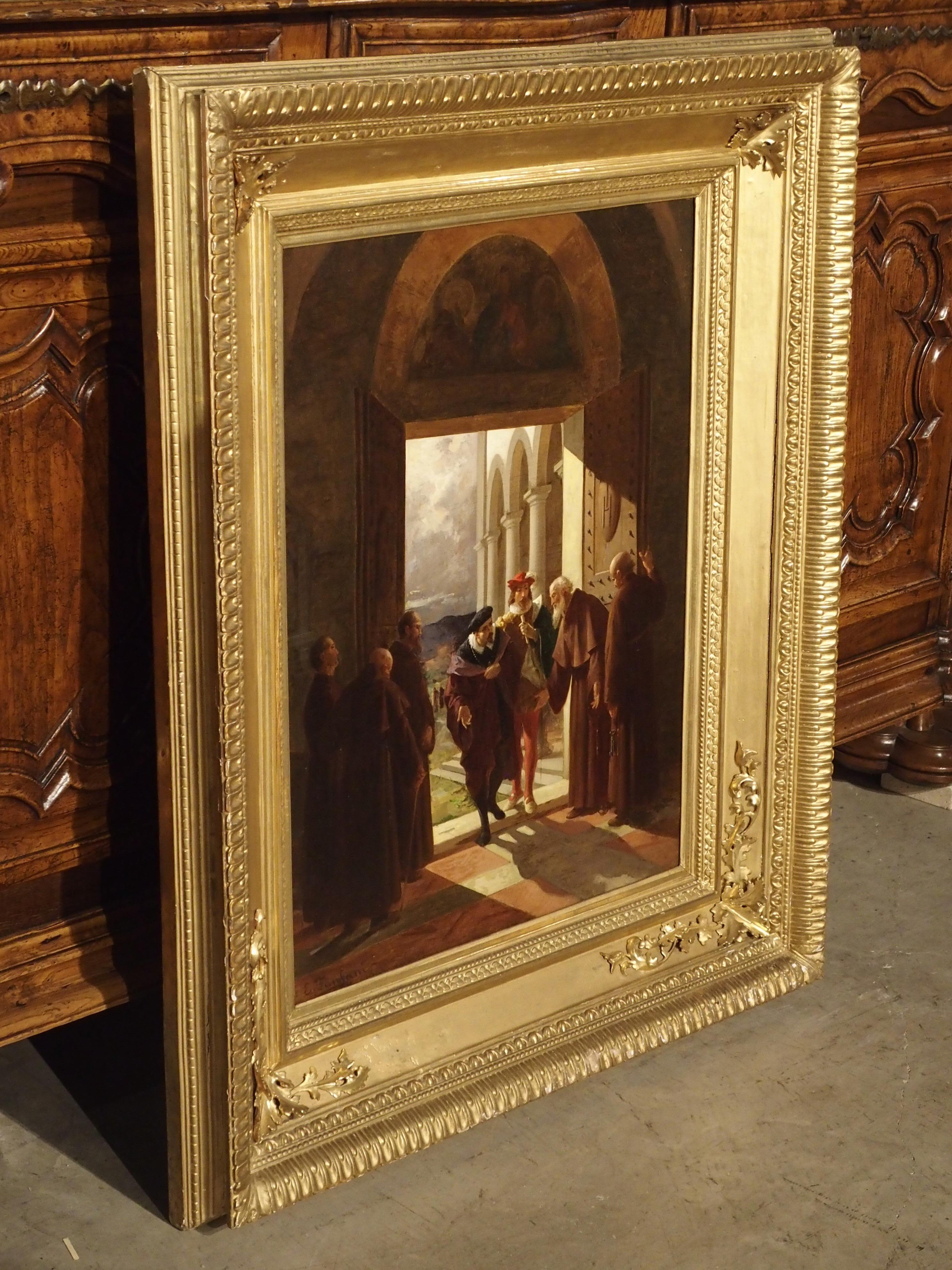 Signed 19th Century Monastery Scene Oil Painting from Italy 9