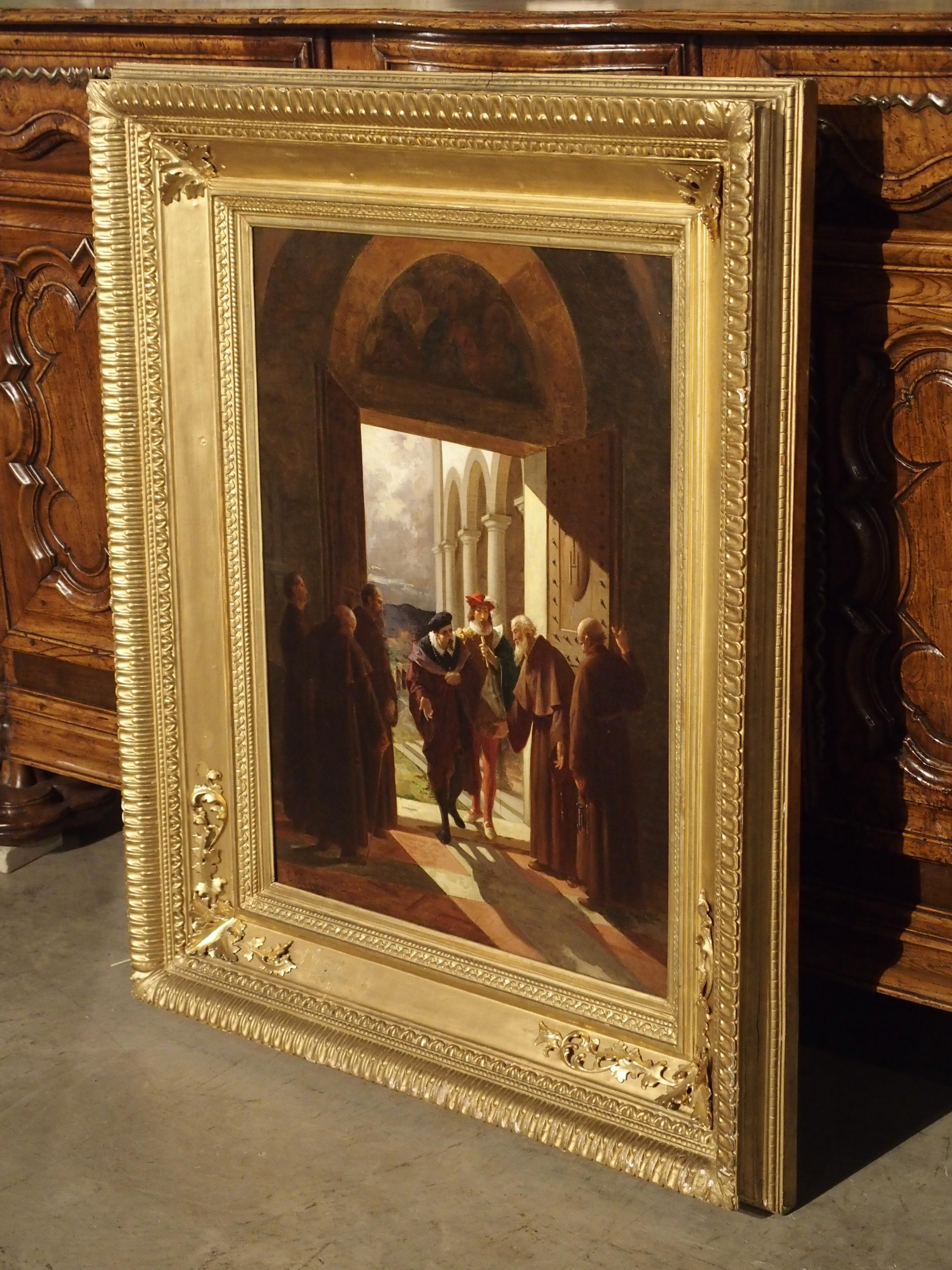 Signed 19th Century Monastery Scene Oil Painting from Italy 10