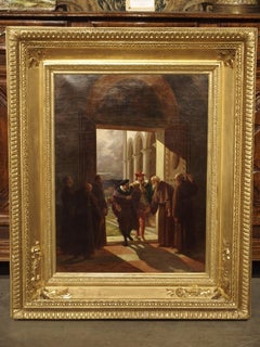 Signed 19th Century Monastery Scene Oil Painting from Italy