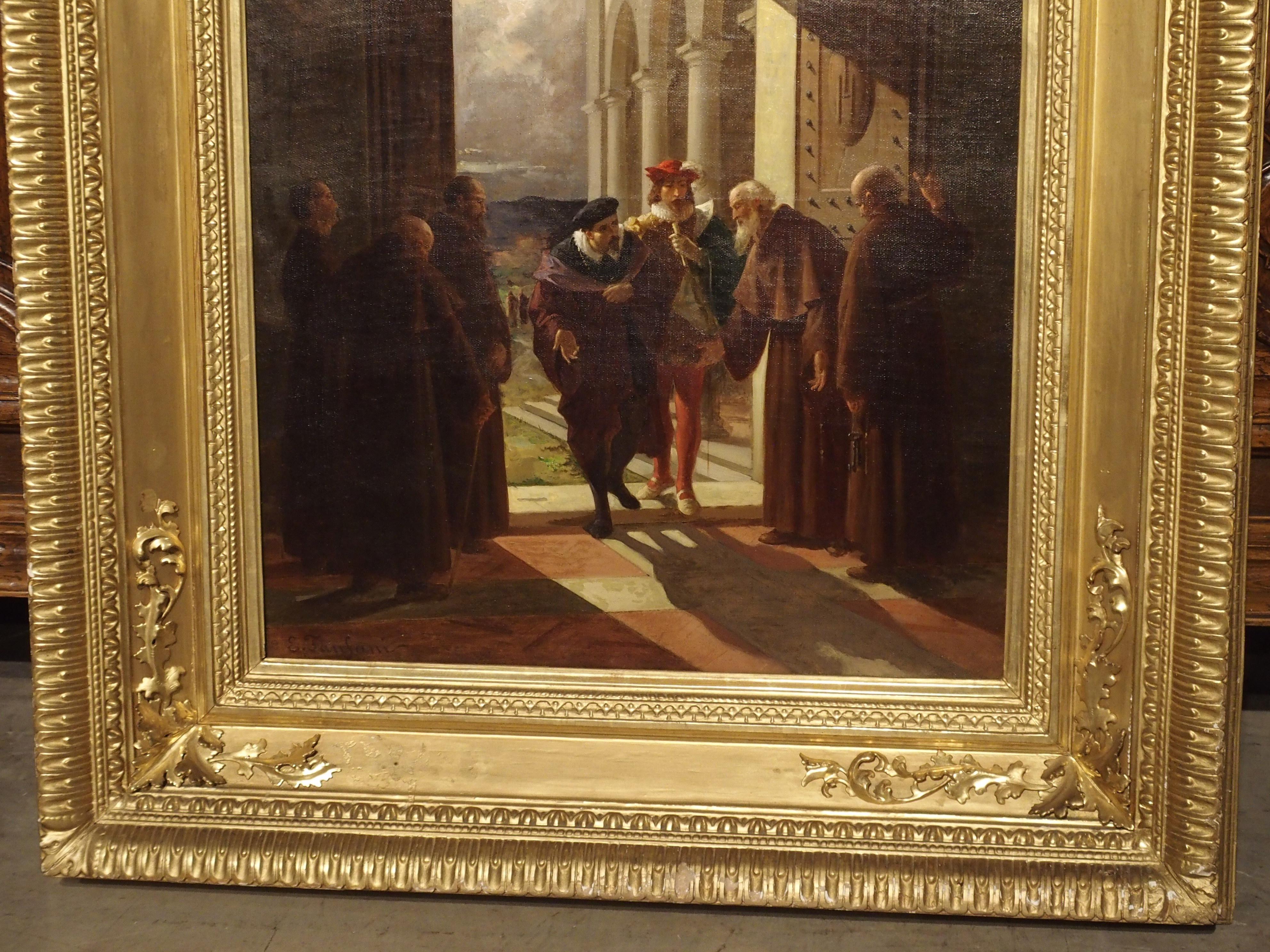 Hand-Painted Signed 19th Century Monastery Scene Oil Painting from Italy