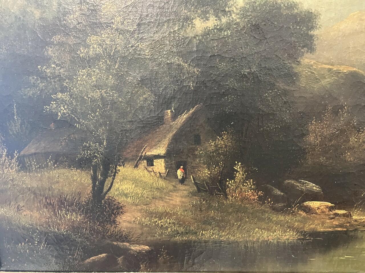 Paesaggio olio su tela del XIX secolo di Joseph Donovan Adams (inglese, 1842-1896) ha subito alcune riparazioni come mostrato e anche la cornice presenta segni di usura.